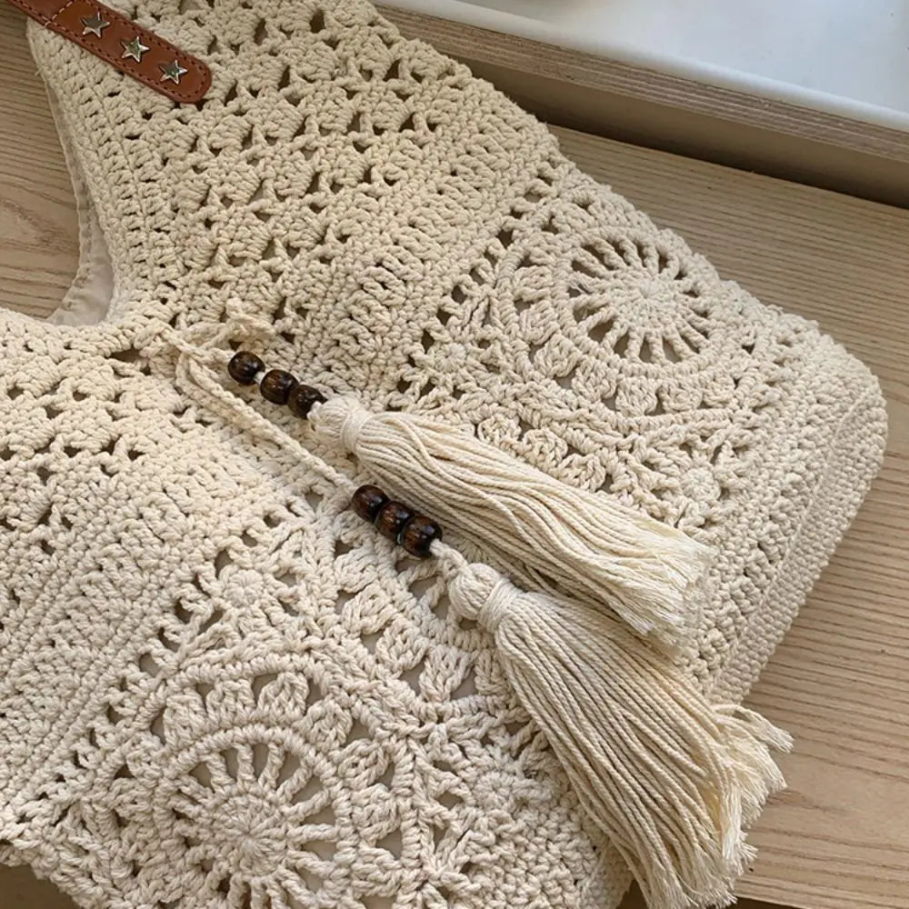 Bohemian Crochet Tote Bag Large Capacity Boho Weave Ethnic Beach Style Bag