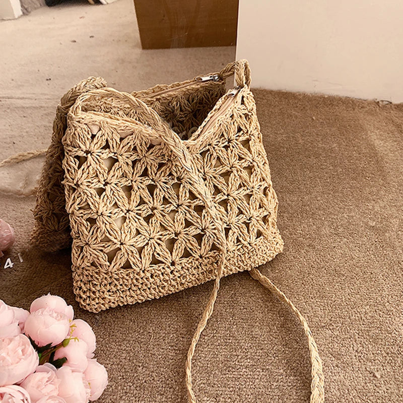 Women Beach Woven Straw Shoulder Messenger Bag Boho Crossbody Macrame Purse