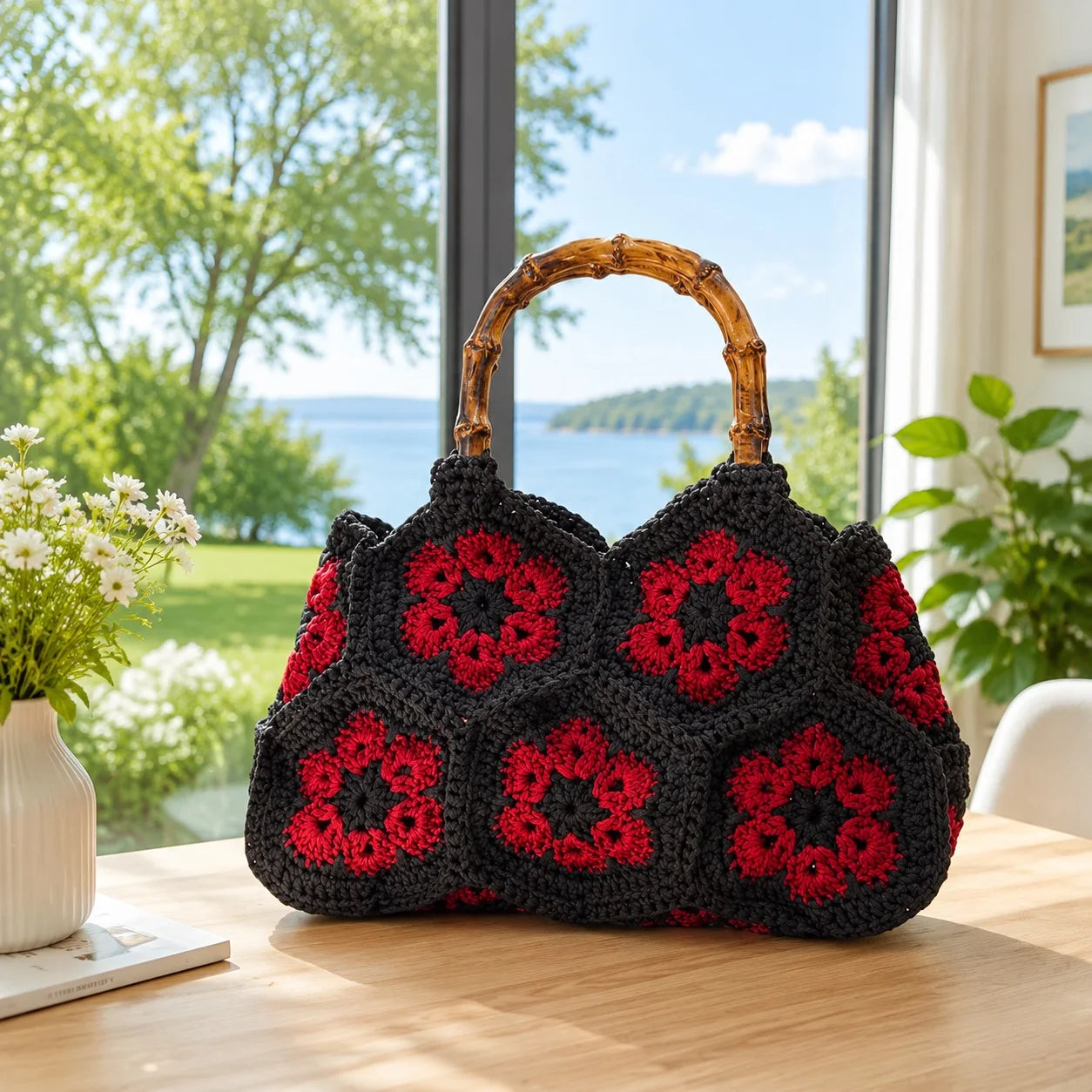 Sac fourre-tout en crochet floral tissé à la main, style rétro, avec motifs "granny square" pour femme, idéal pour le quotidien et les voyages