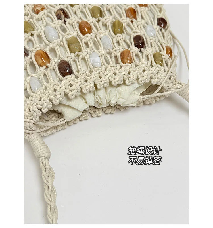 Hollow Beading Womens Shoulder Bag Rope Knitting Bohemian Crochet Mesh Tote Bag