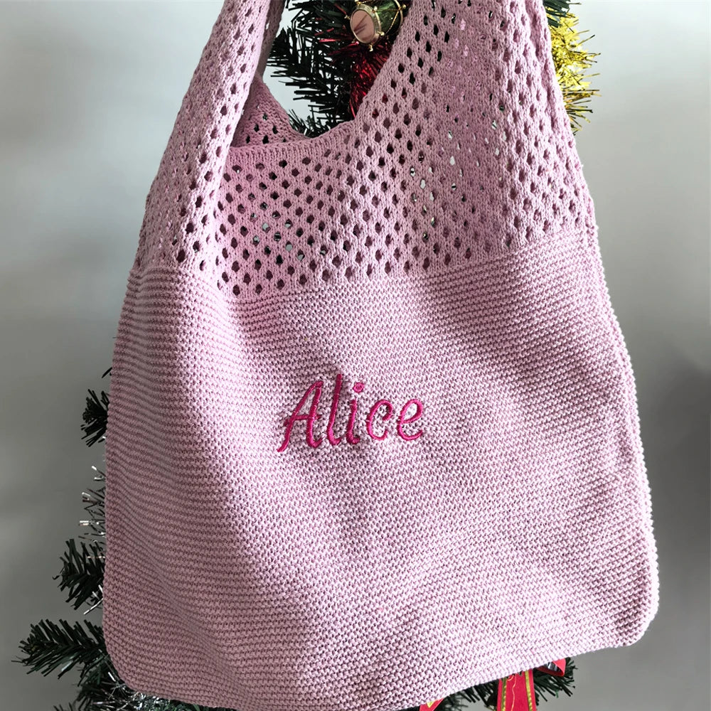 Sac fourre-tout en laine tricoté personnalisé pour femme avec nom brodé, sac de courses