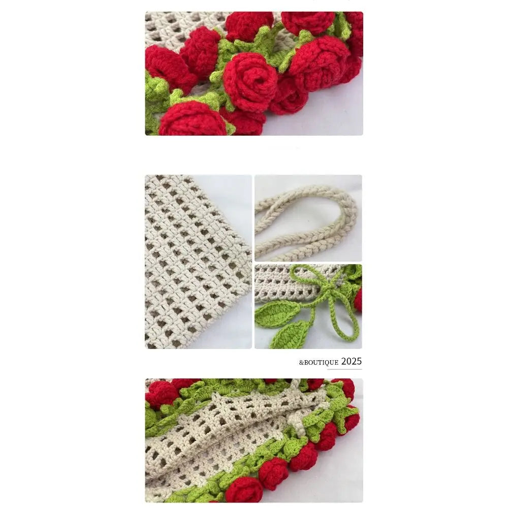 Bohemian Rose Crochet Rope Beach Bucket Bag With Flower Knitted Shoulder Bag