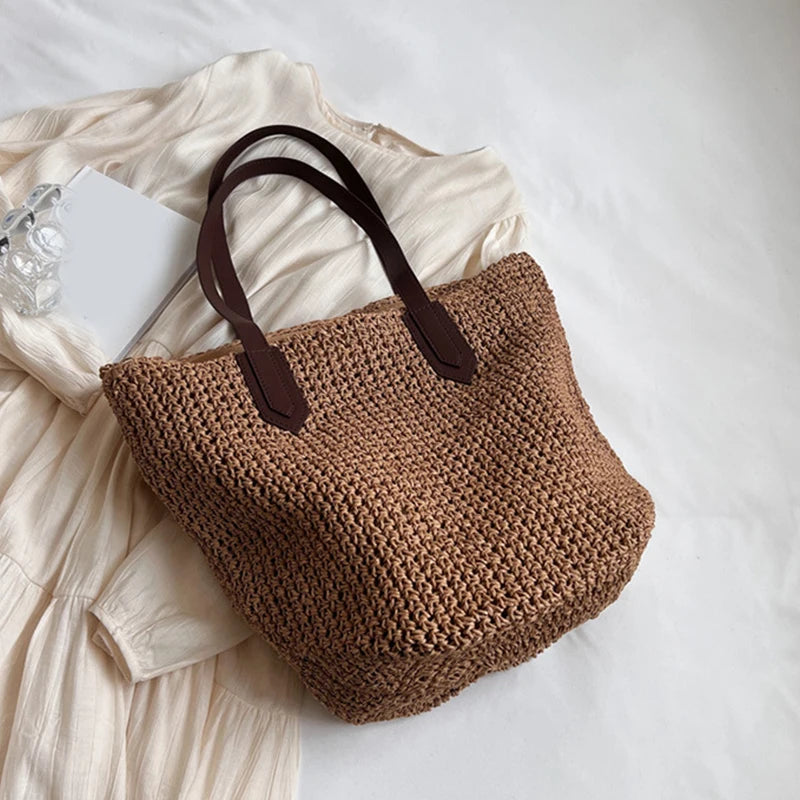 Women Bohemian Straw Shoulder Bag Large Crochet Tote For Beach Summer Woven