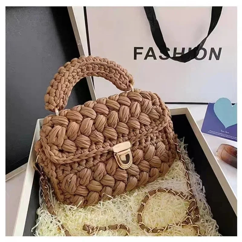 Sac à main tricoté DIY en corde tissée, sac bandoulière de créateur pour femmes avec chaîne