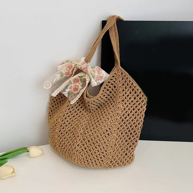 Sac fourre-tout en dentelle d'été avec nœud pour femme en raphia, sac à bandoulière en crochet 2025