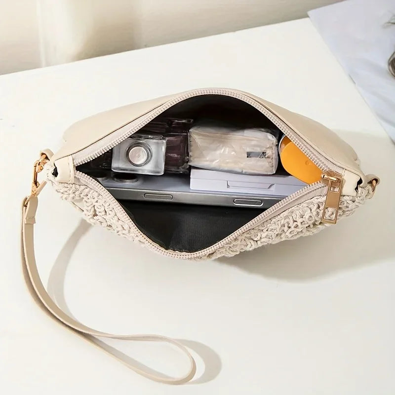 Sac à bandoulière polyvalent coréen en crochet tressé en paille avec fermeture éclair