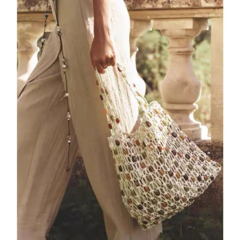 Bohemian Rope Crochet Women Bag Beading Beach Bag Handmade Woven Shoulder Bag