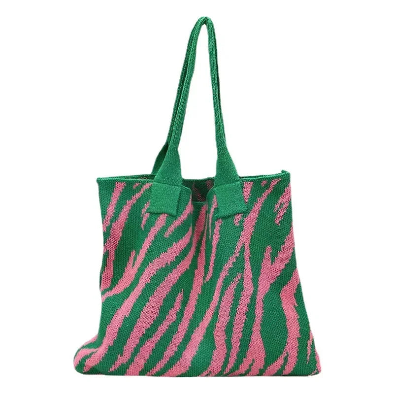 Sac à bandoulière pour femme grande capacité en tricot crochet motif zèbre