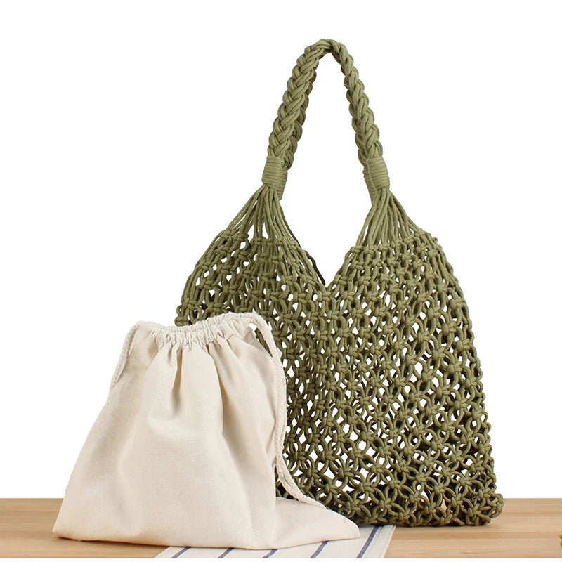 Hollow Crochet Mesh Shoulder Bag With Inner Pocket Women Solid Color Tote Bag
