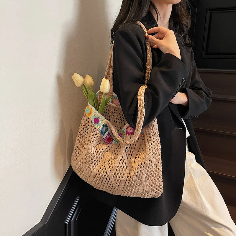 Bohemian Handmade Beach Tote Bag Beads Trim Straw Crochet Women Shoulder Bag