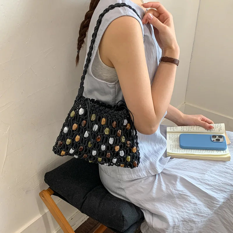Hollow Beading Womens Shoulder Bag Rope Knitting Bohemian Crochet Mesh Tote Bag