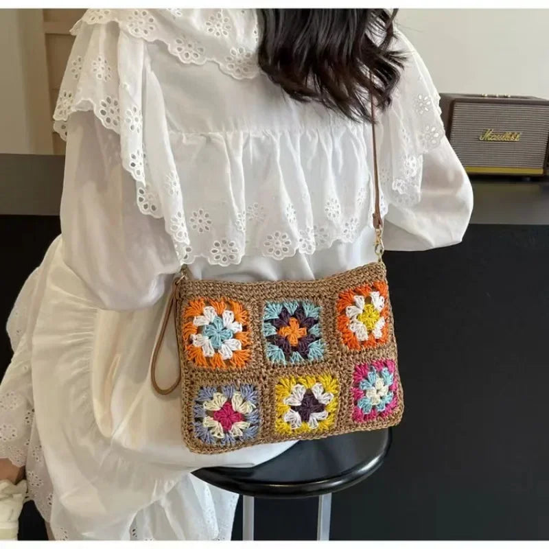 Summer Handmade Crochet Bag Retro Flower Paper Rope Crossbody Shoulder Bag