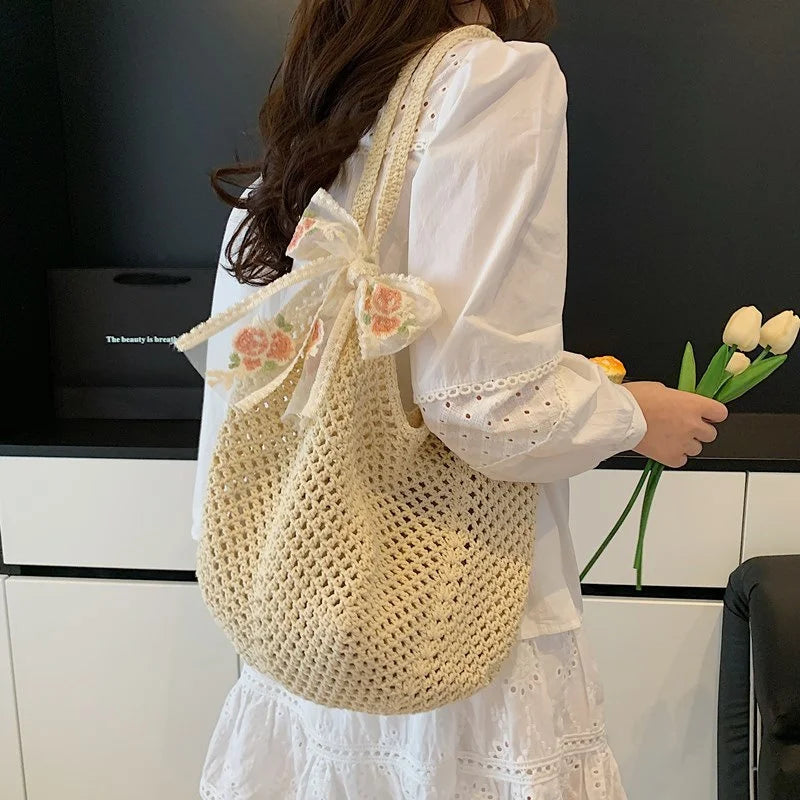 Summer Lace Bow Tote Bag For Women Raffia Rattan Crochet Shoulder Bag 2025