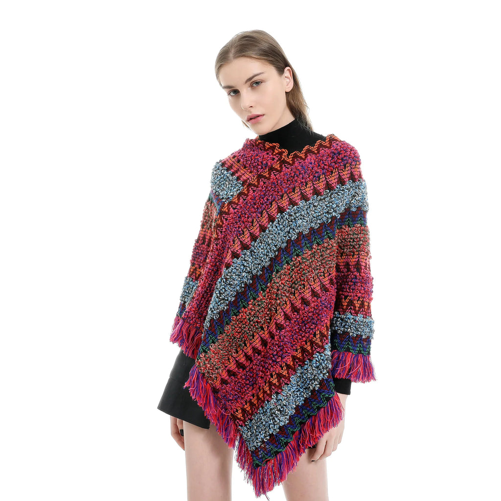 Striped Tassel Knit Shawl For Women Poncho Style Polyester 65x70cm