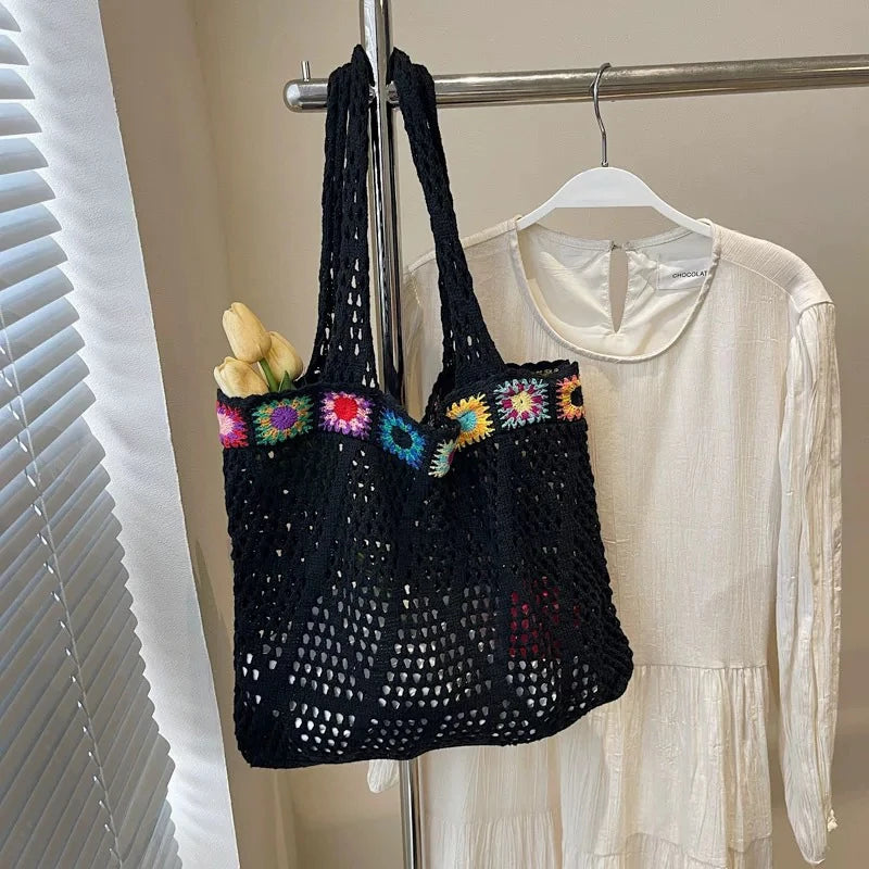 Bohemian Handmade Beach Tote Bag Beads Trim Straw Crochet Women Shoulder Bag
