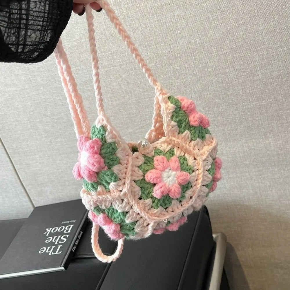 Sweet Handmade Crochet Crossbody Bag Flower Pattern Corduroy Shoulder Bag