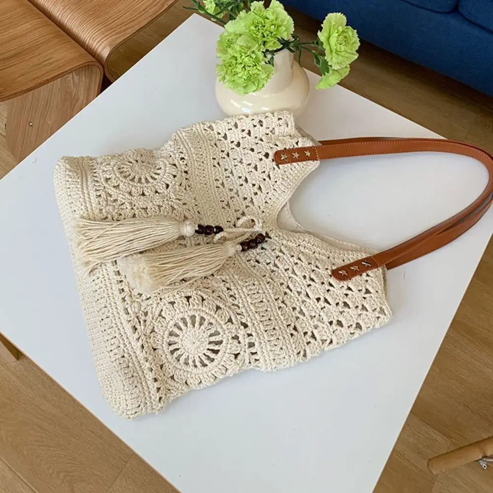 Bohemian Crochet Tote Bag Large Capacity Boho Weave Ethnic Beach Style Bag