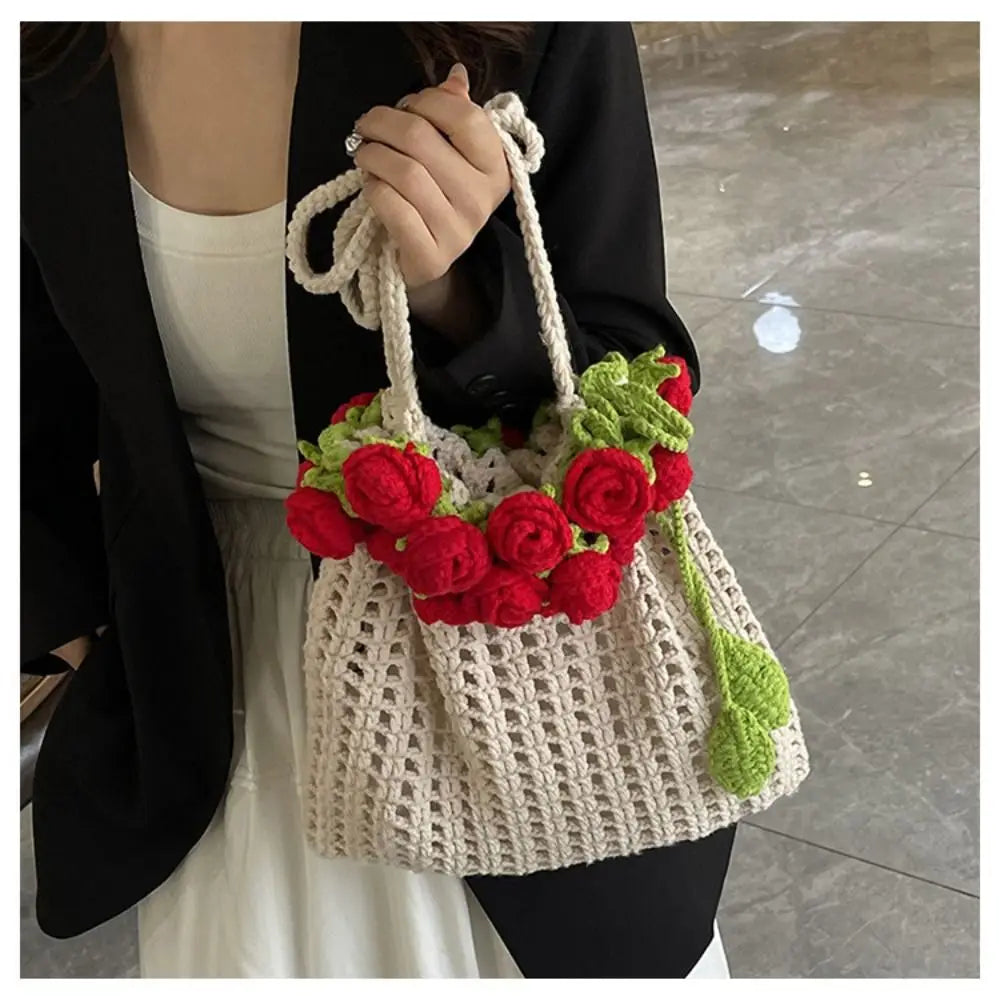Bohemian Rose Crochet Rope Beach Bucket Bag With Flower Knitted Shoulder Bag