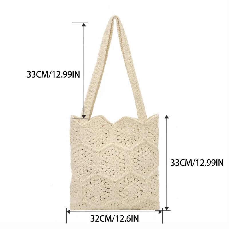 Handmade Cotton Thread Woven Granny Square Shoulder Bag Large Capacity For Women