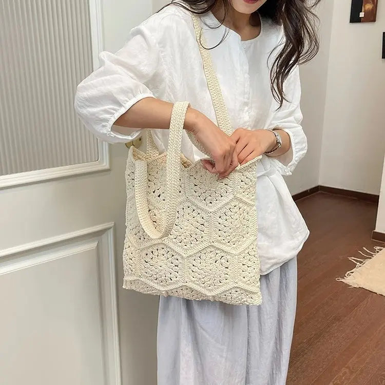 Handmade Cotton Thread Woven Granny Square Shoulder Bag Large Capacity For Women