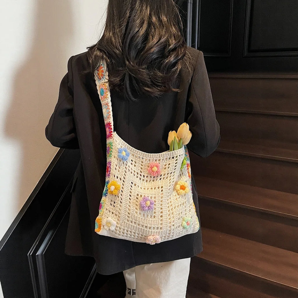 Knitted Tote Bag For Women Handmade Crochet Shoulder Beach Bag Capacity Travel