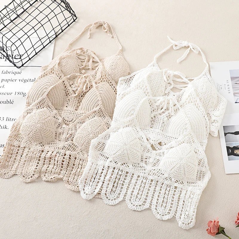 Débardeur court d'été en crochet ajouré pour femme, dos nu, style bandeau dos nu, pour la plage