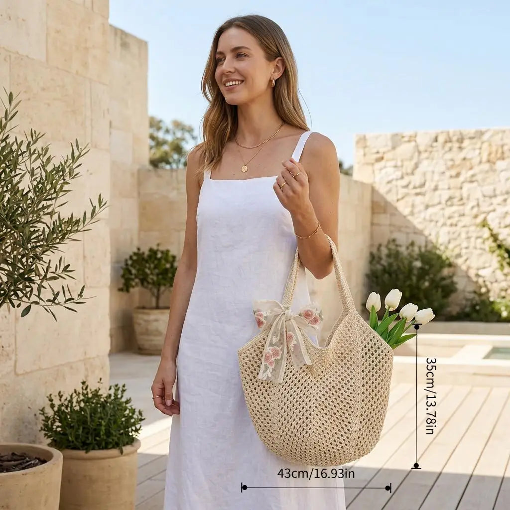Women's Crochet Tote Bag Set Two Piece Large Capacity Hollow Woven Shopping Bag