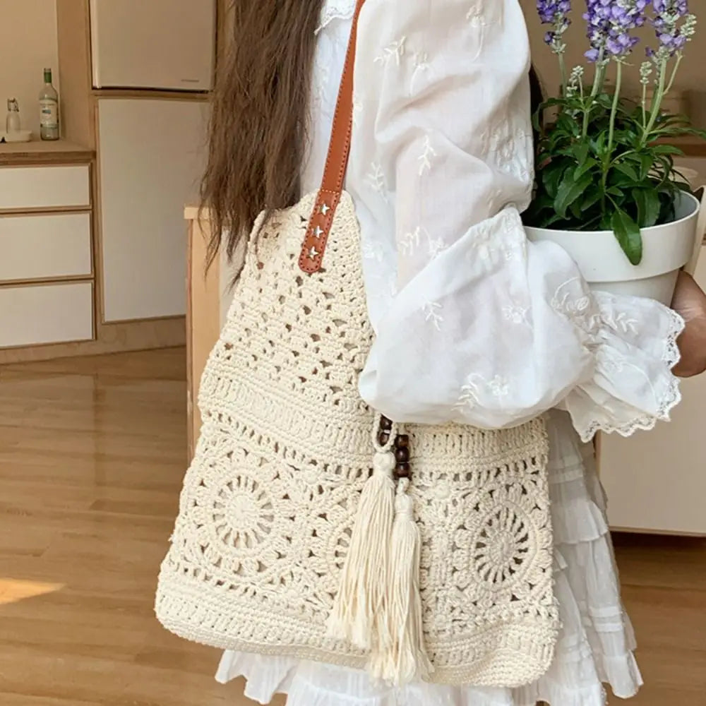 Bohemian Crochet Tote Bag Large Capacity Boho Weave Ethnic Beach Style Bag