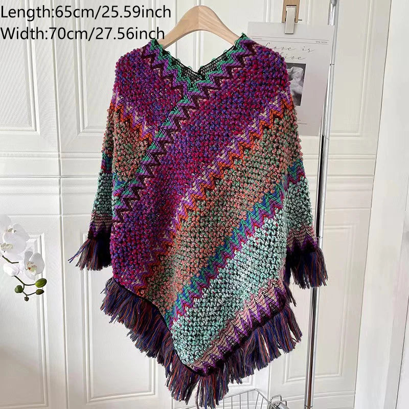 Striped Tassel Knit Shawl For Women Poncho Style Polyester 65x70cm