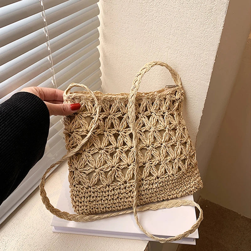 Women Beach Woven Straw Shoulder Messenger Bag Boho Crossbody Macrame Purse