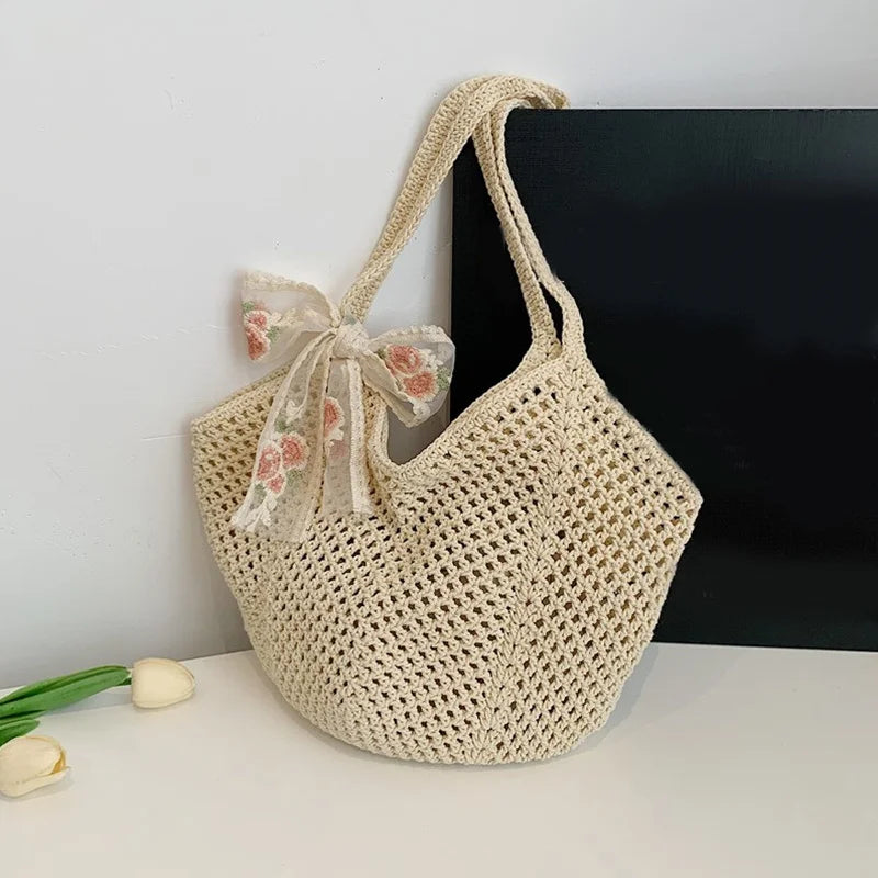 Summer Lace Bow Tote Bag For Women Raffia Rattan Crochet Shoulder Bag 2025