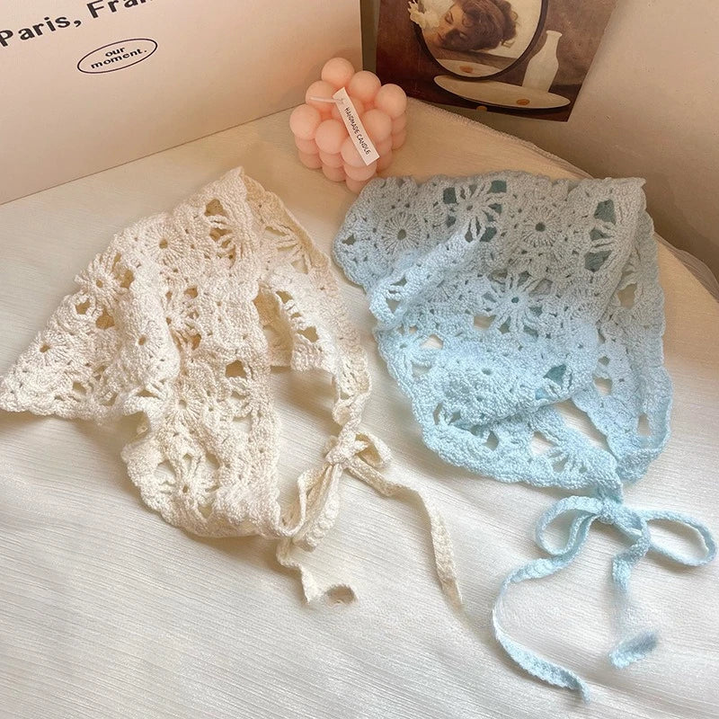 Unisex Floral Knitted Headscarf Hat Handmade Triangle Vintage Crochet Headband