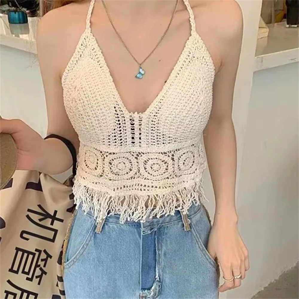 Sexy Hollow Out Tank Top For Women Summer Beach Knit Bra Tassel Short Top