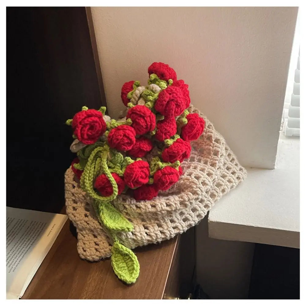 Bohemian Rose Crochet Rope Beach Bucket Bag With Flower Knitted Shoulder Bag