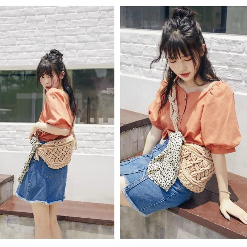 Women Summer Beach Knitted Bag Bohemian Crochet Waist Fanny Pack Shoulder Tote