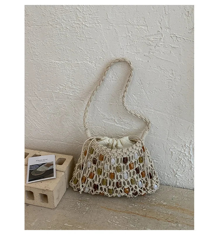 Hollow Beading Womens Shoulder Bag Rope Knitting Bohemian Crochet Mesh Tote Bag