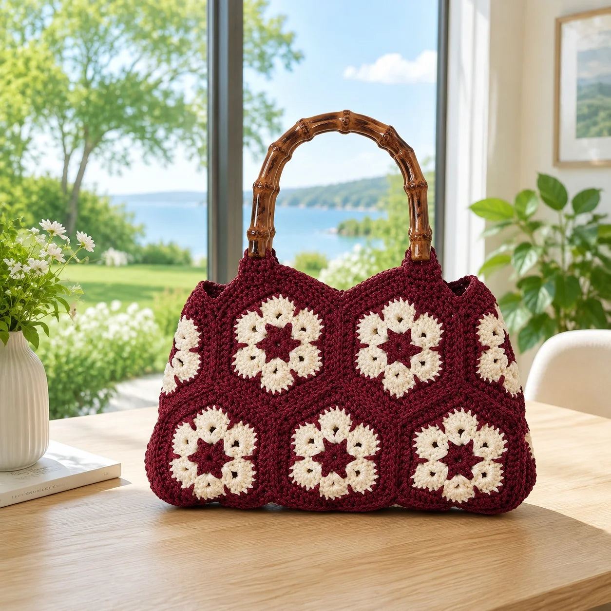 Sac fourre-tout en crochet floral tissé à la main, style rétro, avec motifs "granny square" pour femme, idéal pour le quotidien et les voyages