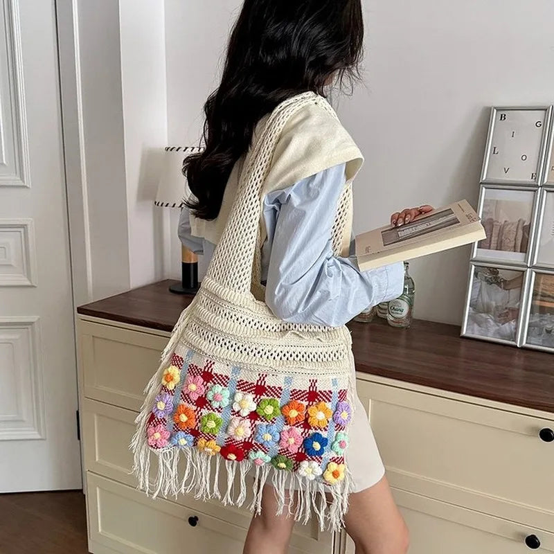 Grand sac à bandoulière en crochet pour femme, idéal pour un usage quotidien décontracté, l'école ou les trajets.
