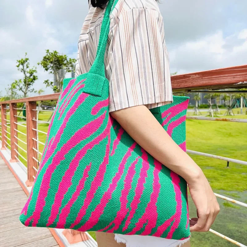 Zebra Pattern Knitted Crochet Bag Large Capacity Women Shoulder Tote