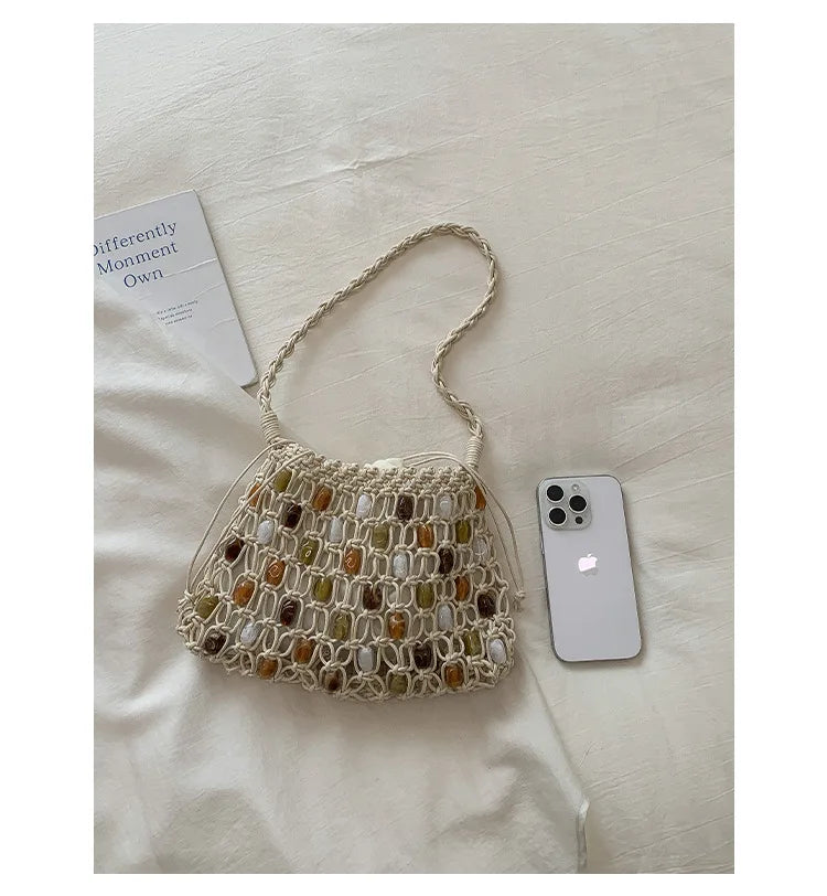 Hollow Beading Womens Shoulder Bag Rope Knitting Bohemian Crochet Mesh Tote Bag