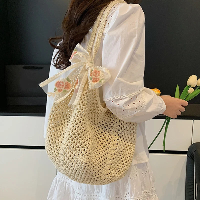 Summer Lace Bow Tote Bag For Women Raffia Rattan Crochet Shoulder Bag 2025