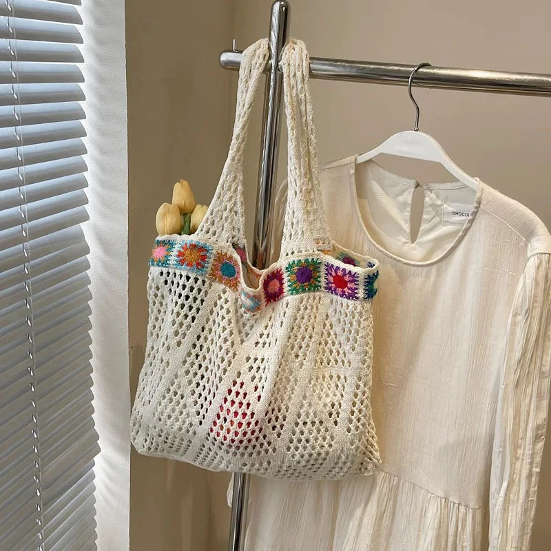 Bohemian Handmade Beach Tote Bag Beads Trim Straw Crochet Women Shoulder Bag