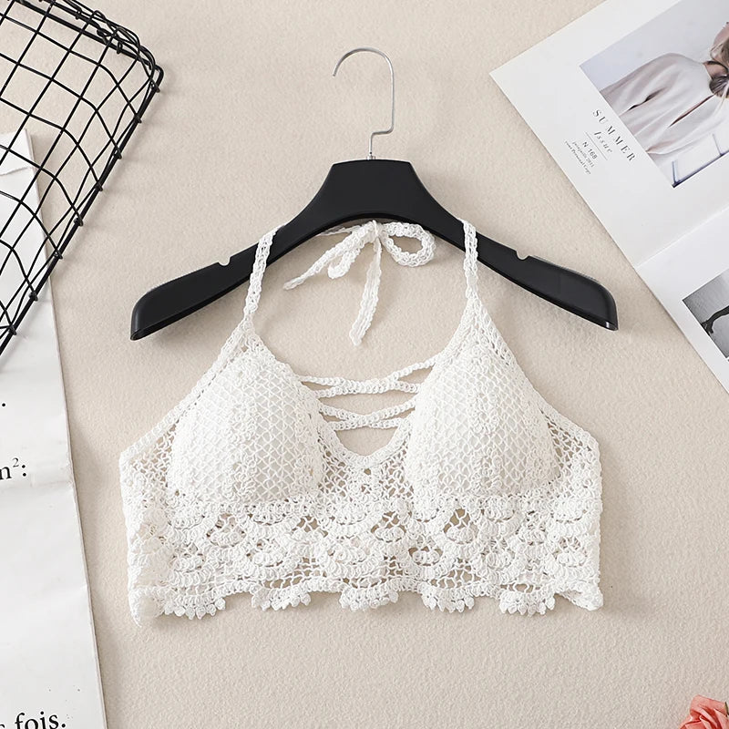 Débardeur court d'été en crochet ajouré pour femme, dos nu, style bandeau dos nu, pour la plage