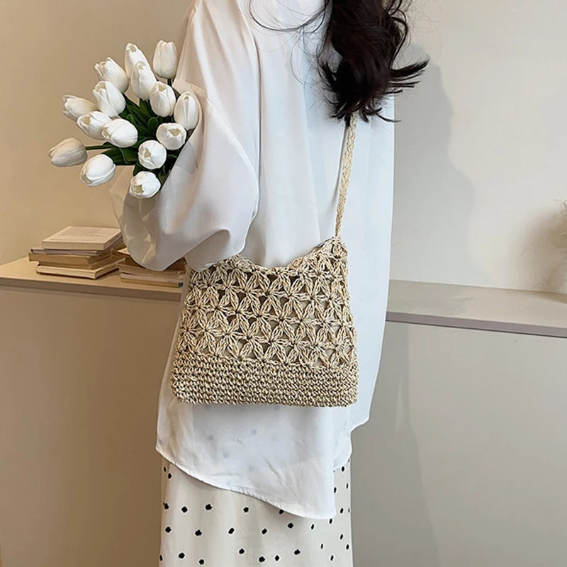 Women Beach Woven Straw Shoulder Messenger Bag Boho Crossbody Macrame Purse