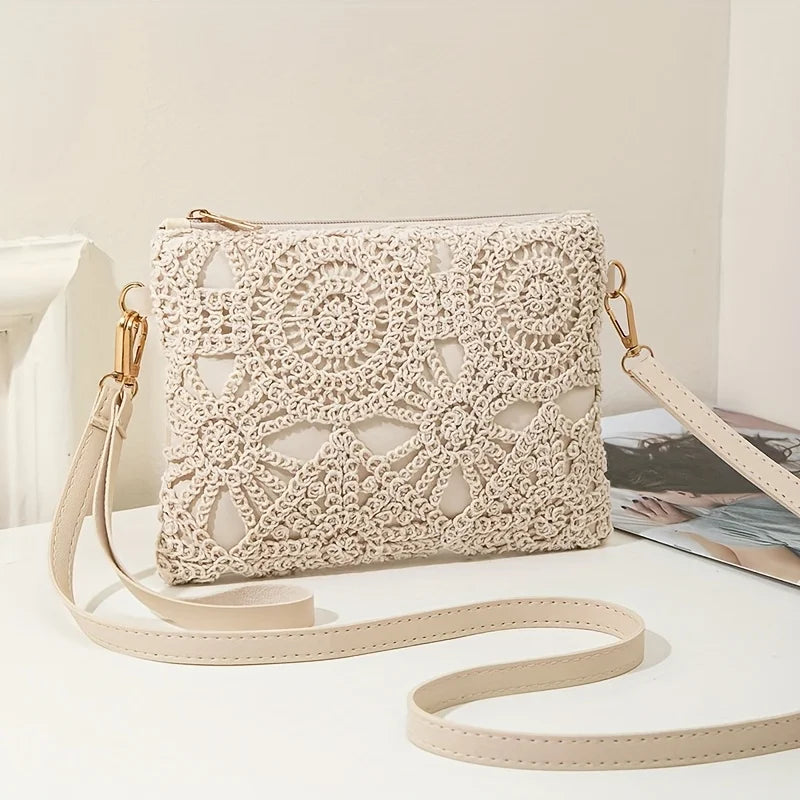 Korean Versatile Crossbody Crochet Bag Straw Woven With Zipper Closure