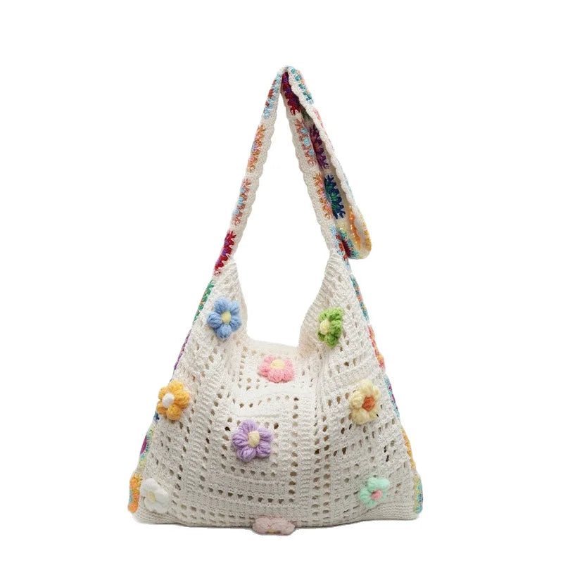 Knitted Tote Bag For Women Handmade Crochet Shoulder Beach Bag Capacity Travel