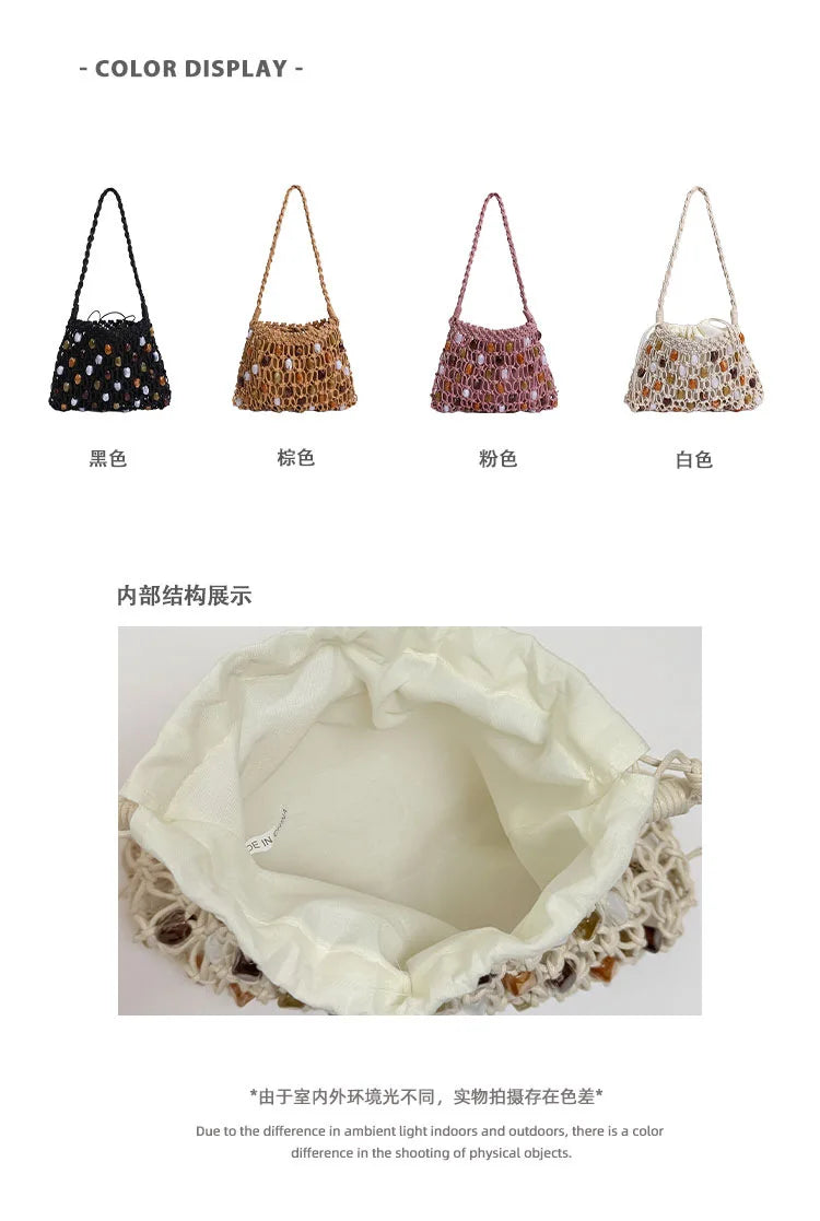 Hollow Beading Womens Shoulder Bag Rope Knitting Bohemian Crochet Mesh Tote Bag