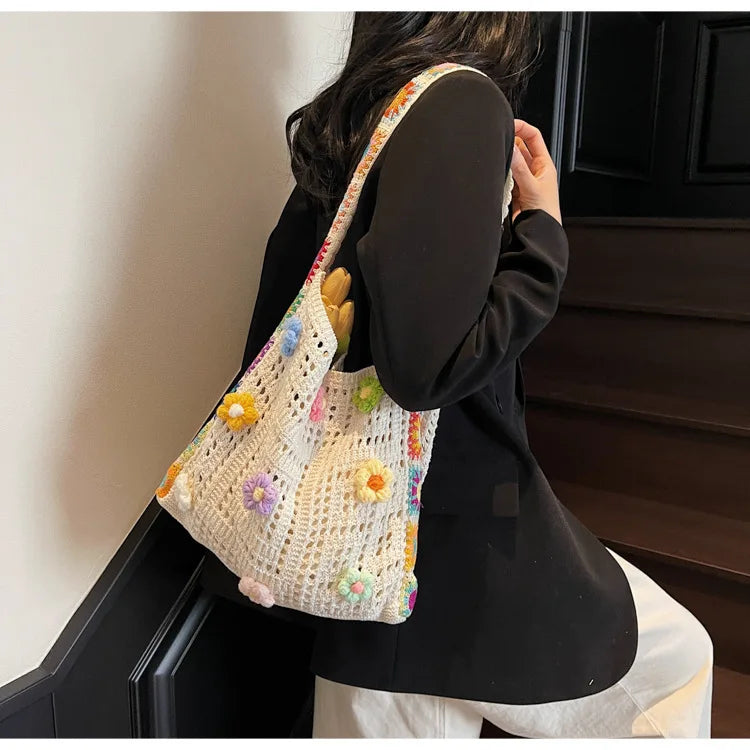 Knitted Tote Bag For Women Handmade Crochet Shoulder Beach Bag Capacity Travel