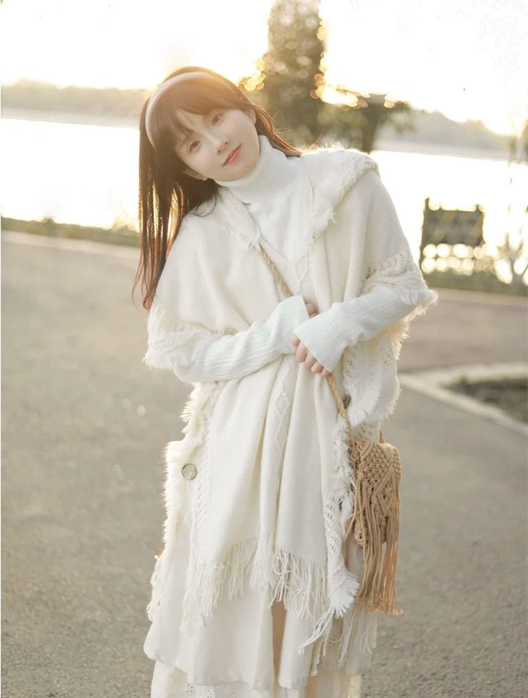 Hooded Crochet Cloak Poncho Shawl Boho Chic Knit Wrap For Women