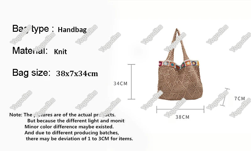 Bohemian Handmade Beach Tote Bag Beads Trim Straw Crochet Women Shoulder Bag